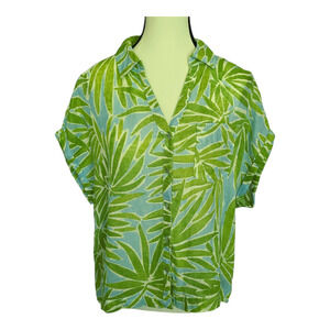 Sigrid Olsen Top Womens Size Medium Green/ Blue Palm Leaf 100% Linen Button Up